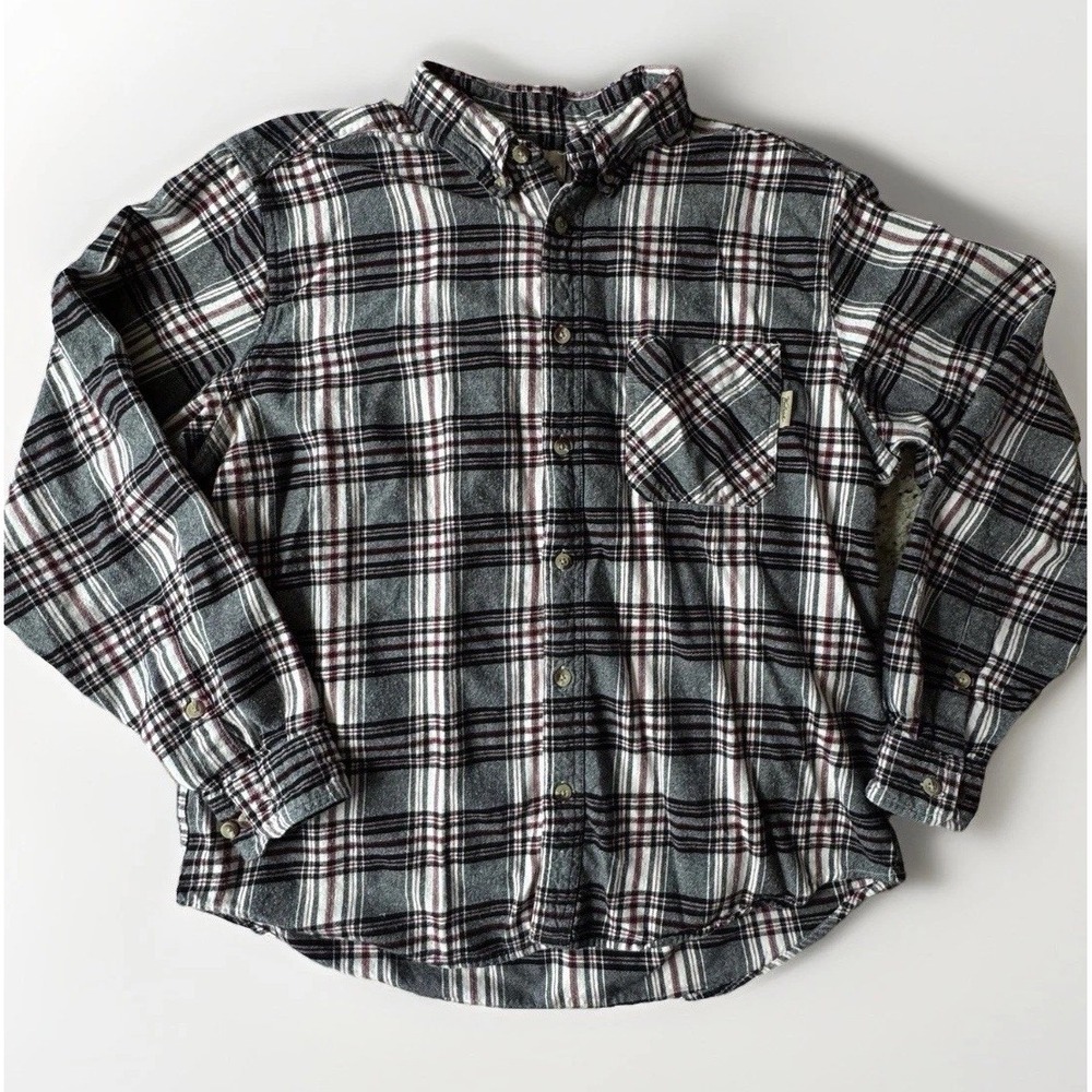 Woolrich Men XL Plaid Flannel Button Down Shirt Gray Burgundy Long Sleeve Cotton
